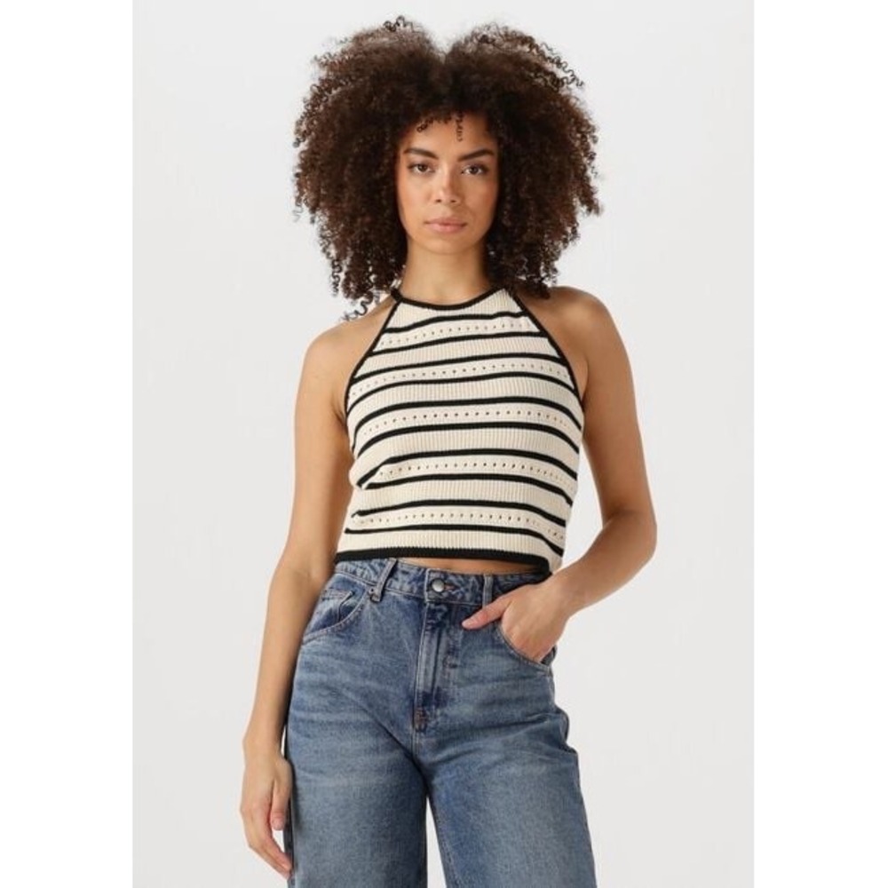 Suncoo Paris Pull Pany Striped Halter Neck Cotton Knit Crop Top Cream Black T1